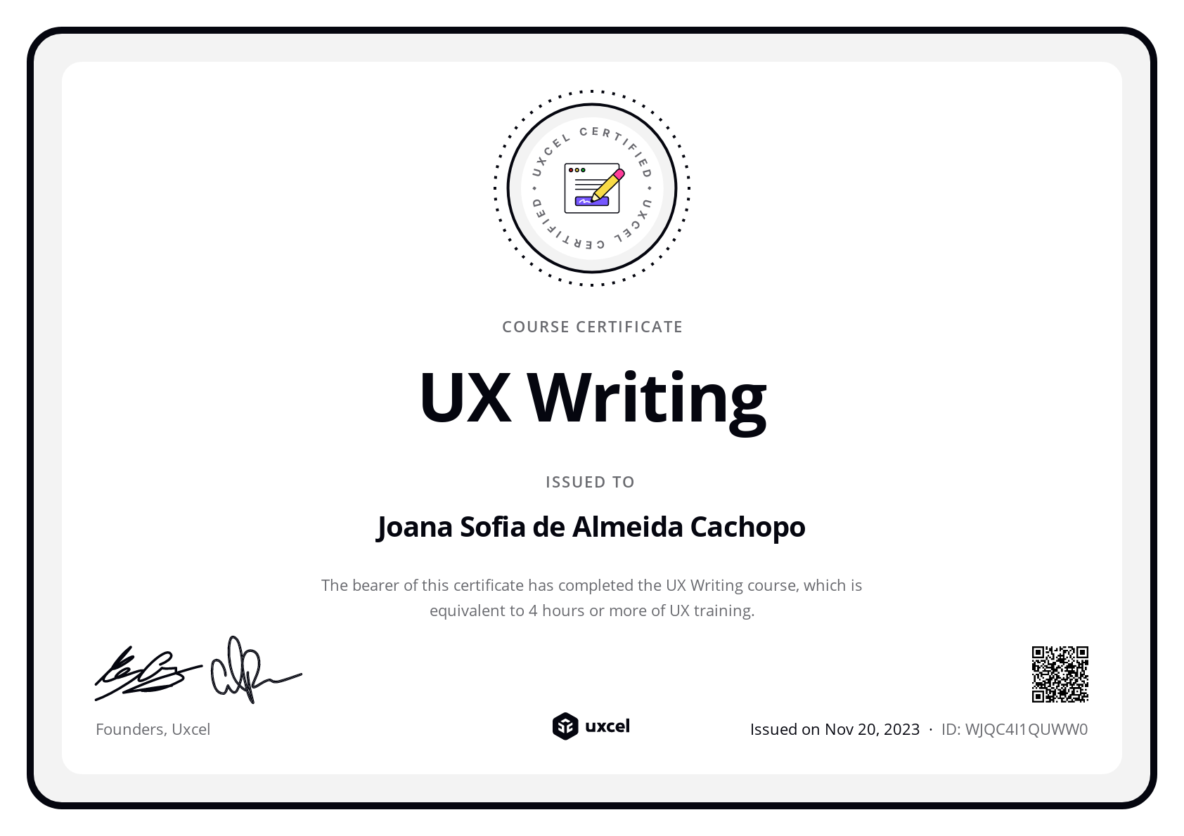 Joana Sofia de Almeida Cachopo's certificate